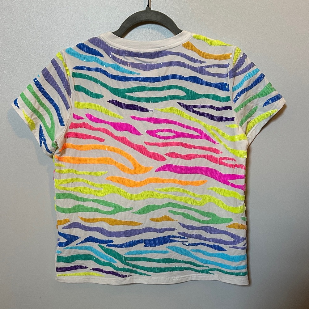 QUEEN OF SPARKLES Multicolor Sequin Zebra Stripe Tee.  Kids 2XL - Picture 3 of 3